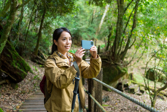 Woman use cellphone to take photo in forest hiking