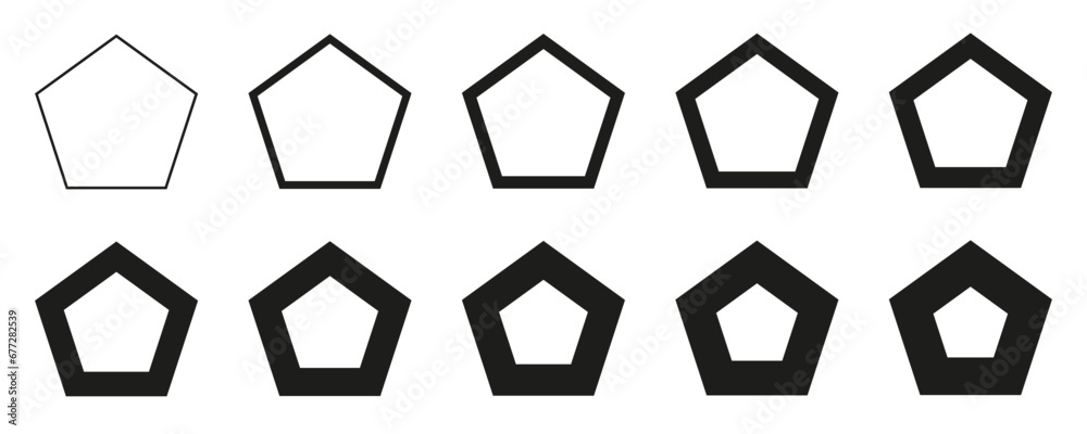 Poster pentagon set from thin to thick line, set of geometric shapes form, pentagon icons collection, diffe