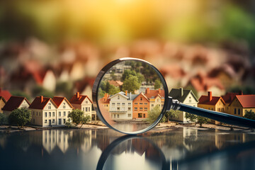 Looking for a new house to buy or rent in the housing market, with a magnifying glass near a residential building, - obrazy, fototapety, plakaty
