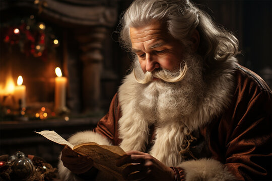Santa Claus reads letters from children in his home at the table against the backdrop of Christmas lights. 
