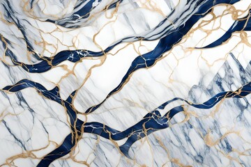 Naklejka premium An artistic representation of white marble with delicate indigo veins, elegantly intertwined with shimmering gold accents, producing a visually stunning and refined texture.