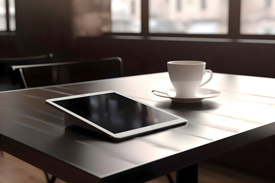 Tablet and cup of coffee on the table in a cafe.