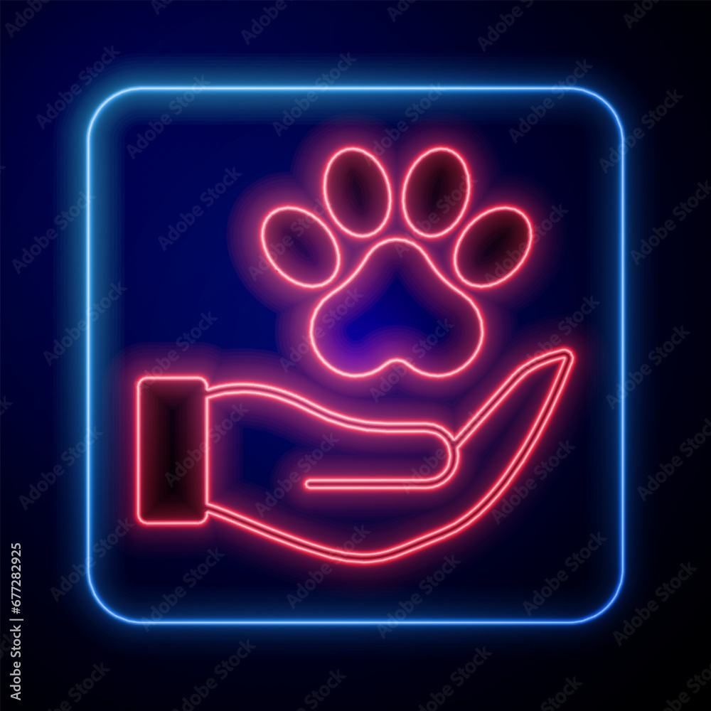 Wall mural glowing neon hands with animals footprint icon isolated on black background. pet paw in heart. love 