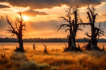sunset over old dead trees on meadow