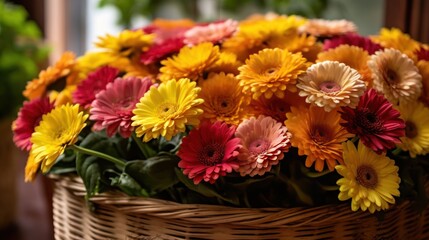 Obraz na płótnie Canvas Colorful gerbera flowers in a basket on the table. Springtime concept with a space for a text. Valentine day concept with a copy space.