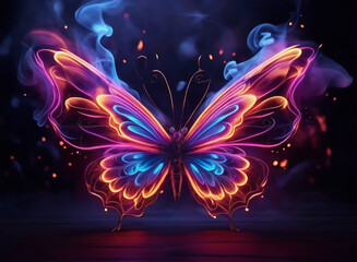 Vibrant, multicolored smoke forms a beautiful butterfly amidst flames in an abstract artistic background