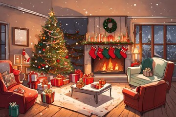 Obraz premium Illustrate a cozy living room decorated for Christmas, with a roaring fireplace, a beautifully decorated tree, and a family exchanging gifts and laughter