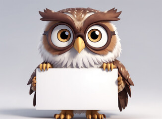 A charming 3D rendering of an adorable owl wearing glasses cartoon character holding white empty blank banner board
