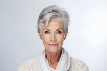 Fototapeta premium Portrait of senior gray-haired Caucasian woman on white background. Neural network generated photorealistic image. Not based on any actual person or scene.