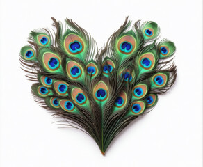 Obraz premium A vibrant heart formed by the exquisite and colorful feathers of a peacock on white background