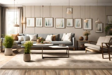 Fototapeta na wymiar Interior of living room with decorative vases and sofas.
