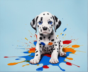 A playful puppy creating a colorful mess with different paint hues