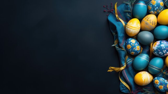 dark blue easter banner with painted eggs - copyspace mockup template