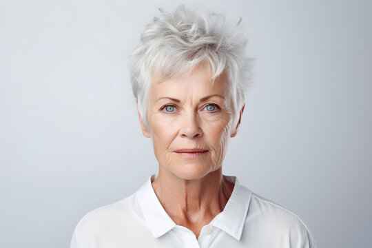 Portrait of senior gray-haired Caucasian woman on white background. Neural network generated photorealistic image. Not based on any actual person or scene.