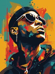 Hip Hop, Rap music singer modern wall art poster. Сolorful abstract portrait of a black rapper. Сolorful abstract portrait of a black rapper
