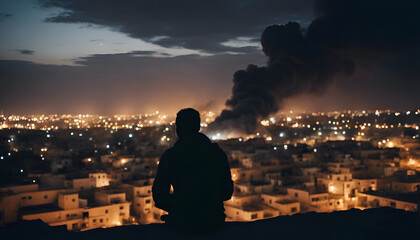 Silhouette of a muslim man praying in front of the city at night - obrazy, fototapety, plakaty