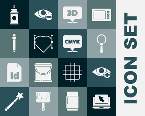Set Laptop and cursor, Red eye effect, Magnifying glass, Speech bubble with text 3D, Heart Bezier curve, Pencil eraser, Paint spray can and CMYK icon. Vector