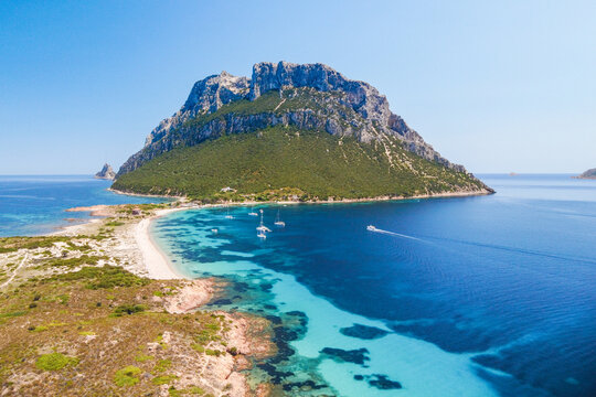 Drone view of Spalmatore beach, Tavolara island, Olbia area, Sardinia, Italy, Europe