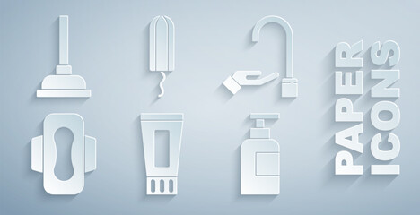 Set Tube of toothpaste, Washing hands with soap, Sanitary napkin, Bottle shampoo, tampon and Rubber plunger icon. Vector