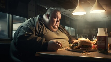 Fat man eat food. Exaggerated presentation of a greedy fat man eating fast food or junk meal in a fast food restaurant. Concept about fat man. - obrazy, fototapety, plakaty
