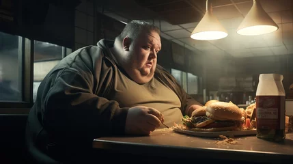 Poster Fat man eat food. Exaggerated presentation of a greedy fat man eating fast food or junk meal in a fast food restaurant. Concept about fat man. © Naknakhone