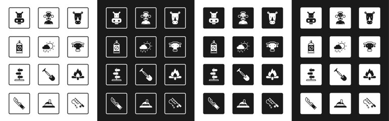 Set Rhinoceros, Cloud with rain, Spray against insects, Hippo or Hippopotamus, African buffalo head, tribe male, Campfire and Road traffic sign icon. Vector