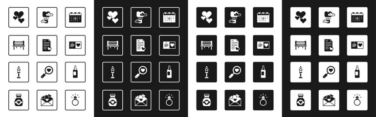 Set Calendar with heart, Envelope Valentine, Romantic bench, Heart, Valentines day party flyer, hot air balloon, Wine bottle and Burning candle icon. Vector