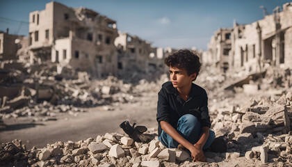 Portrait of a young boy sitting in the ruins of an abandoned building