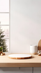 A wooden podium with a kitchen in the background in minimalistic Scandinavian style. A perfect backdrop for food demonstration or culinary creativity. Ideal background for social media vertical story.