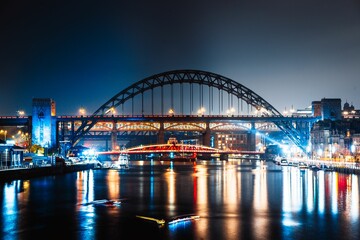 Night view of Tyne Bridge, an arch bridge over River Tyne in North East England, symbol of Tyneside