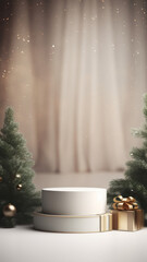 A simple wooden podium on a minimalistic festive background. Vertical backdrop for product display in social media stories.