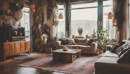 bohemian living room design - obrazy, fototapety, plakaty