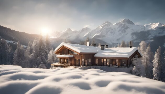 realistic image of a contemporary mountain retreat covered in fresh snow, with sunlight reflecting off the pristine white surface.