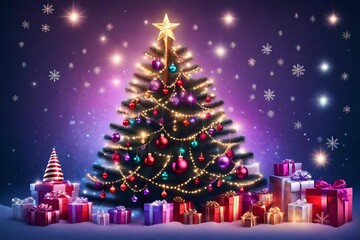 Obraz premium Christmas sparkling bright tree. Merry Christmas and Happy new year. Realistic 3d design of objects, light garlands, snowflake, candy cane, purple colors compositions. Tree star. Vector illustration