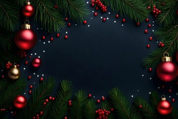 Holiday's Background with Season Wishes and Border of Realistic Looking Christmas Tree Branches Decorated with Berries, Stars and Candy Canes.