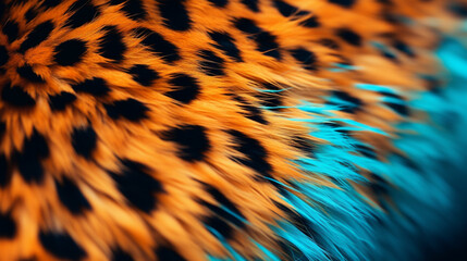 Seamless leopard/jaguar print with black spots on neon orange and blue background. Vector illustration animal print, surface pattern. Punk rock eighties/80s fashion style textile pattern. - obrazy, fototapety, plakaty