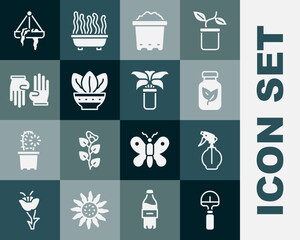 Set Shovel, Water spray bottle, Fertilizer, Pot with soil, Plant in pot, Rubber gloves, hanging and Exotic tropical plant icon. Vector
