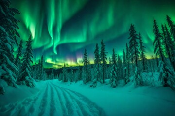 Aurora borealis over the frosty forest. Green northern lights above mountains. Night nature landscape with polar lights. Night winter landscape with aurora. Creative image. winter holiday concept