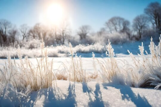 beautiful gentle winter landscape. frozen grass on snowy natural background. winter season, frosty cold weather. Winter background with flowers covered snow crystals glittering in sunlight