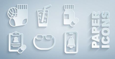 Set Eyeglasses, Medicine bottle and pills, Medical prescription, Emergency phone call, Glass with water and Socks icon. Vector
