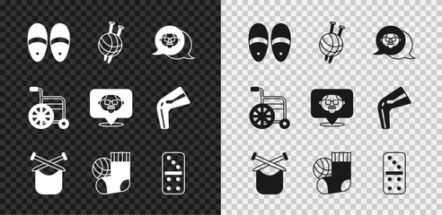 Set Slippers, Yarn ball with knitting needles, Grandfather, Knitting, Socks, Domino, Wheelchair and icon. Vector