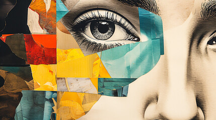 Papier peint en collage, visage de femme et couleurs