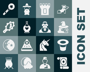 Set Magic scroll, hat, Witch, Castle tower, Bottle with love potion, hand mirror, wand and Wizard warlock icon. Vector