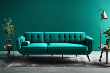 Teal sofa or couch with side tables on a teal background.