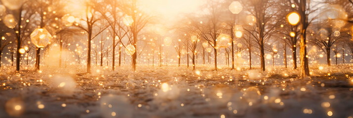 winter wonderland where golden bokeh lights mimic the glistening frost, turning it into a dreamlike world.