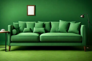 Green sofa or couch with side tables on a green background.