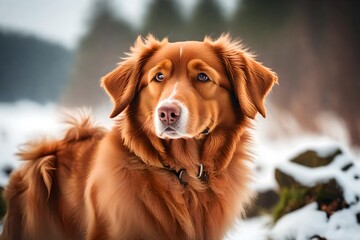 a dog outdoors in winter at the rocks. Nova Scotia duck tolling Retriever. Travelling with a . Healthy lifestyle
