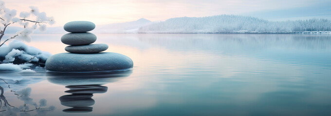 calm winter meditation and health balance background - obrazy, fototapety, plakaty