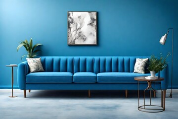 Blue sofa or couch with side tables on a blue background.