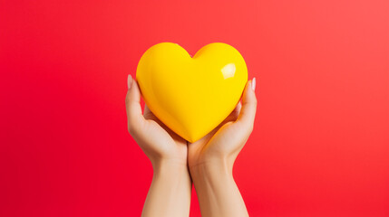 The woman hand is holding a yellow heart on red background